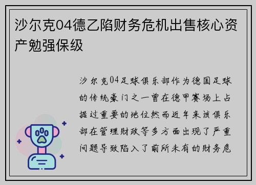 沙尔克04德乙陷财务危机出售核心资产勉强保级 沙尔克04德乙陷财务危机出售核心资产勉强保级